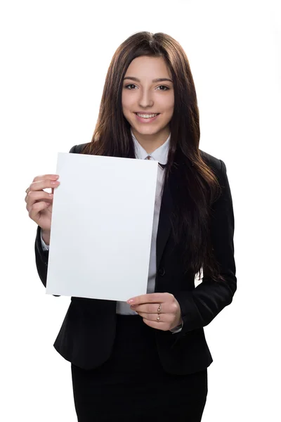 Menina de negócios com papel vazio isolado no fundo branco — Fotografia de Stock
