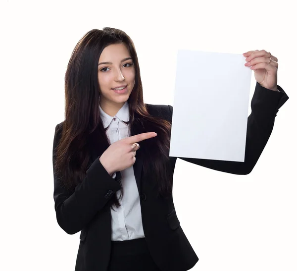 Business girl with empty paper isolated on white background — Stock Photo, Image