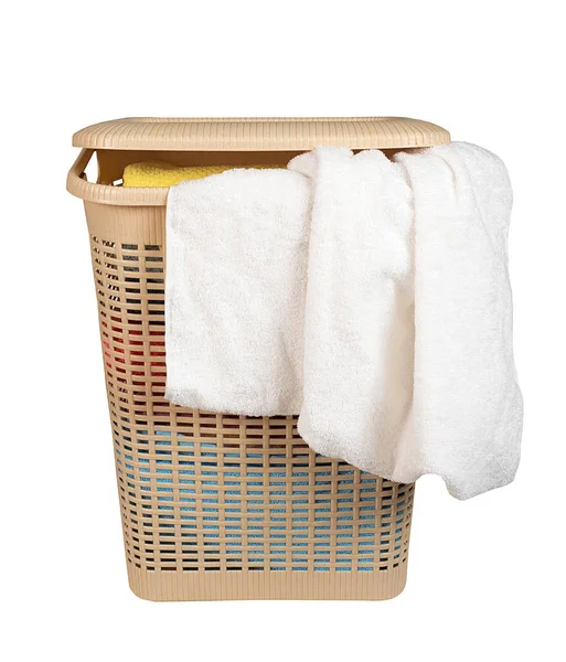 Laundry Basket Towels Isolated White Background — Stock Photo, Image