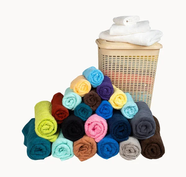 Laundry Basket Pile Towels Isolated White Background — 스톡 사진