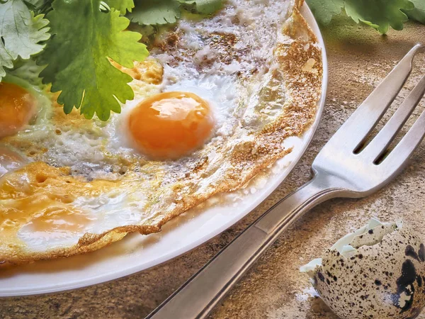 Завтрак Жареные Яйца Зеленью Белой Тарелке Рядом Яичной Скорлупой — стоковое фото
