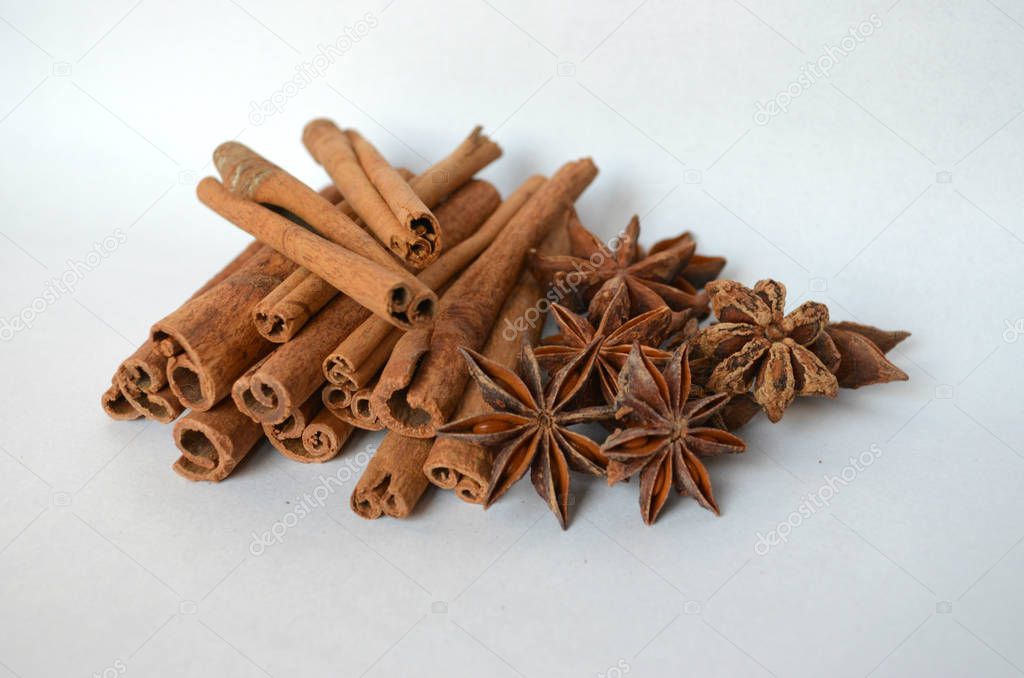 cinnamon and star anise spice on white background