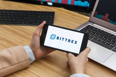 Bittrex Kripto Döviz Borsası. Akıllı Telefon Uygulaması Kullanan Kadın Tüccar Elleri. Crypto Arka plan Konsepti, San Francisco, California, Usa - 18.10.2019. Bir İllüstrasyon Editörü 