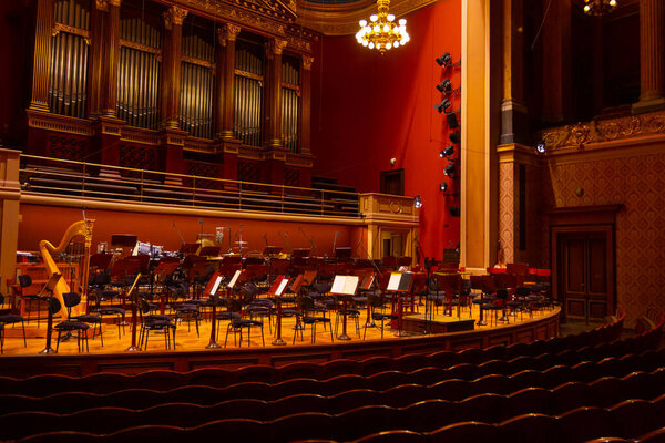 Interior of Rudolfinum Concert Hall. Equipment of the Orchestra in philharmonia, Prague, 20.11.2019.