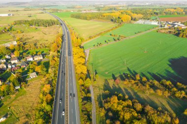 Sonbahar ormanı ve ekilmiş toprak arasında sonbaharda günbatımında sarı ağaçlar. Yarış pistindeki trafiğin havadan görüntüsü
