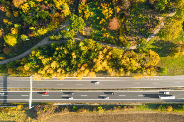 Highway between Autumn forest and cultivated ground with yellow trees at sunset in autumn. Aerial view of the traffic on speedway