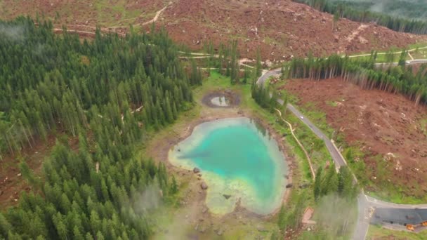 Veduta aerea delle acque turchesi del lago di Carezza nelle Dolomiti alpine. Vola sul Lago di Karersee vicino a una foresta di abeti . — Video Stock