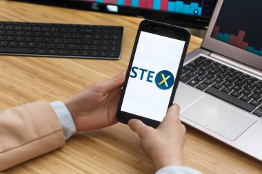 Stex Kripto Döviz Borsası. Akıllı Telefon Uygulaması Kullanan Kadın Tüccar Elleri. Crypto Arka plan Konsepti, San Francisco, California, Usa - 18.10.2019. Bir İllüstrasyon Editör Resmi.