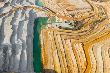 Kum ocağının en üst manzarası. Doğal kaynakların veya cevherlerin madenciliğinde yeşil nehir beyaz ve sarı kumsalları ayırır. İki çeşit arazisi olan bir su hattı. Doğal doku.
