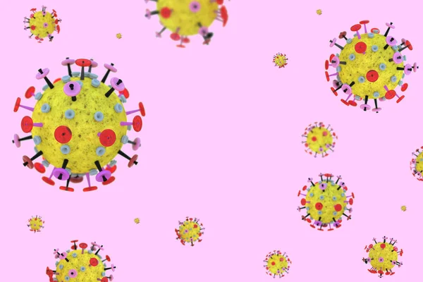 Coronavirus Sejtek Rózsaszín Háttérrel Másolási Hellyel Influenzavírus Sárga Piros Mikroszkopikus — Stock Fotó