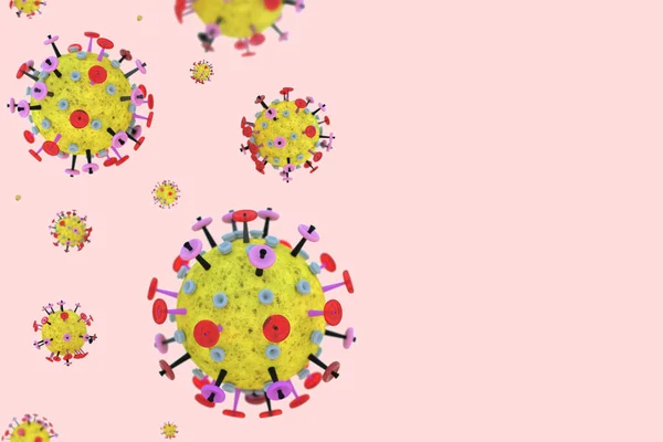 Coronavirus Celler Vit Bakgrund Med Kopieringsutrymme Gul Röd Mikroskopisk Molekyl — Stockfoto