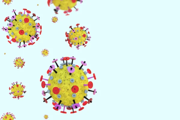 Coronavirus Sejtek Kék Alapon Fénymásolási Hellyel Sárga Piros Mikroszkopikus Molekula — Stock Fotó