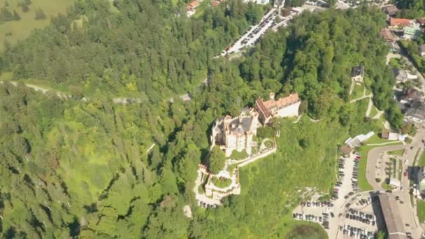 Flug über Schloss Hohenschwangau, umgeben von hohen grünen Bäumen, Bayern, Deutschland — Stockvideo