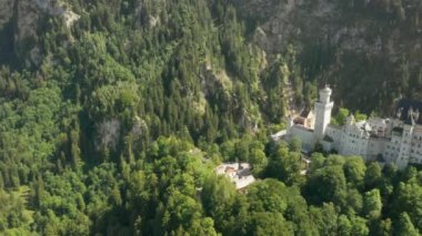 Arkaplanda Neuschwanstein kalesi ve kayalık Alpler 'in panoramik manzarası, Bavyera, Almanya.