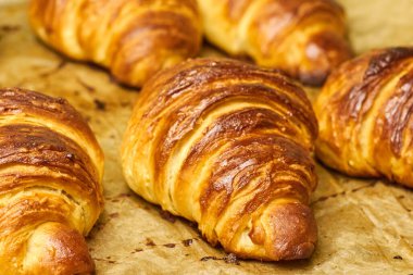 Pasta tepsisinde çikolatalı poğaça kruvasanı. Ev yapımı yemek. Uluslararası mutfak kavramı. 