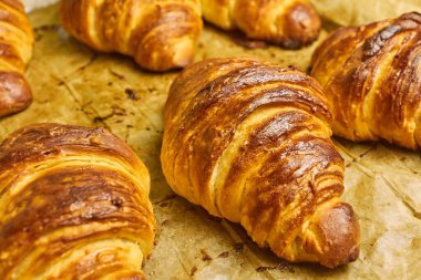 Pasta tepsisinde çikolatalı poğaça kruvasanı. Ev yapımı yemek. Uluslararası mutfak kavramı. 