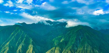 Himalaya dağlarında yürüyüş yapan Yeşil Peyzaj Ormanı, Himachel Pradesh, Hindistan