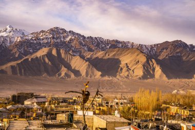 Himalayalı Leh Ladakh Köyü 'nün manzarası ve manzarası Leh Stok Sarayı' nın bakış açısından sıralanırken Jammu ve Kashmir, Hindistan 'da kış mevsimi