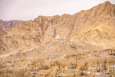 Himalayalı Leh Ladakh Köyü 'nün manzarası ve manzarası Leh Stok Sarayı' nın bakış açısından sıralanırken Jammu ve Kashmir, Hindistan 'da kış mevsimi