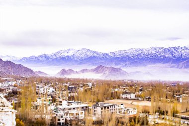 Himalayalı Leh Ladakh Köyü 'nün manzarası ve manzarası Leh Stok Sarayı' nın bakış açısından sıralanırken Jammu ve Kashmir, Hindistan 'da kış mevsimi