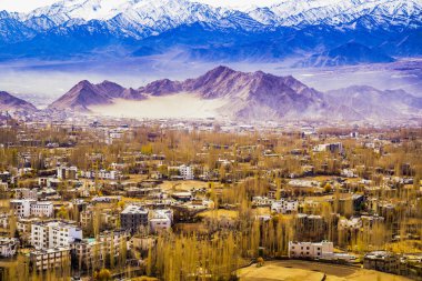 Himalayalı Leh Ladakh Köyü 'nün manzarası ve manzarası Leh Stok Sarayı' nın bakış açısından sıralanırken Jammu ve Kashmir, Hindistan 'da kış mevsimi