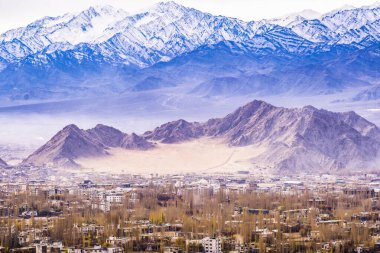 Himalayalı Leh Ladakh Köyü 'nün manzarası ve manzarası Leh Stok Sarayı' nın bakış açısından sıralanırken Jammu ve Kashmir, Hindistan 'da kış mevsimi