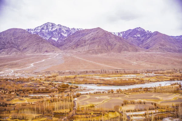 Uitzicht landschap en stadsgezicht van Leh Ladakh Village met Himalaya bergketen van uitkijkpunt van Leh Stok Palace tijdens het winterseizoen in Jammu en Kasjmir, India — Stockfoto