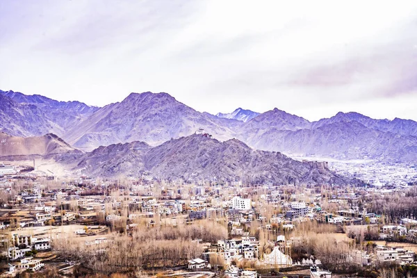 Himalayalı Leh Ladakh Köyü 'nün manzarası ve manzarası Leh Stok Sarayı' nın bakış açısından sıralanırken Jammu ve Kashmir, Hindistan 'da kış mevsimi