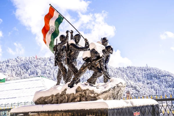 Silhouette of Indian army statue and India flag monument during twilight in Shimla, Himachal Pradesh, India.