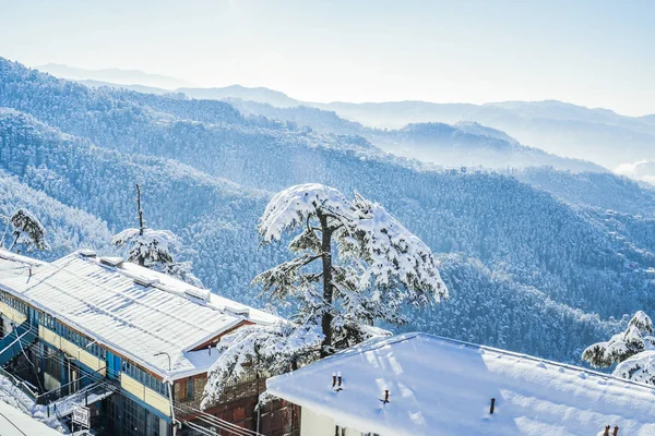 Kar yağdıktan sonra Shimla şehrinin güzel manzarası