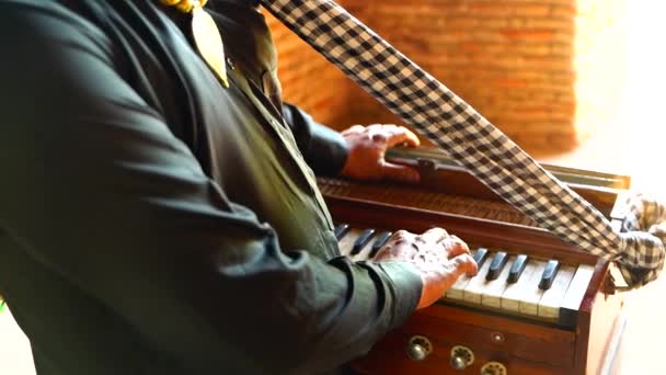 インド パンジャブ州ルディアナで演奏する伝統楽器ハーモニウムのクローズアップ — ストック動画