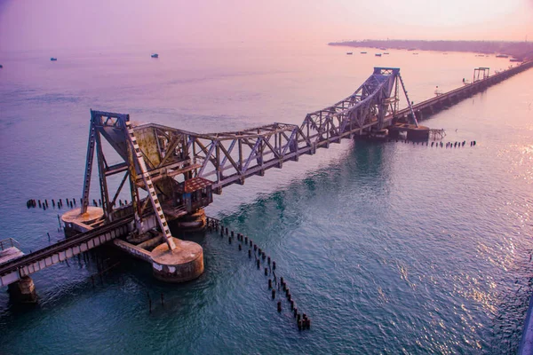 Pont Pamban Est Pont Ferroviaire Qui Relie Ville Mandapam Inde — Photo