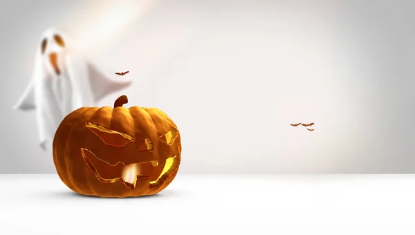 Halloween pumpa 3d-rendering med fladdermöss och ghost — Stockfoto