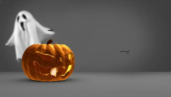 Halloween pumpa 3d-rendering med fladdermöss och ghost — Stockfoto