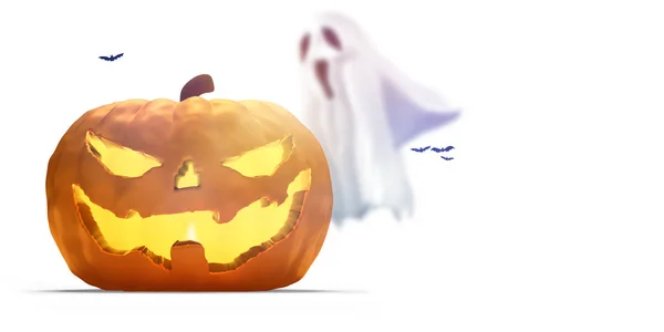 Halloween pumpa 3d-rendering med fladdermöss och ghost — Stockfoto