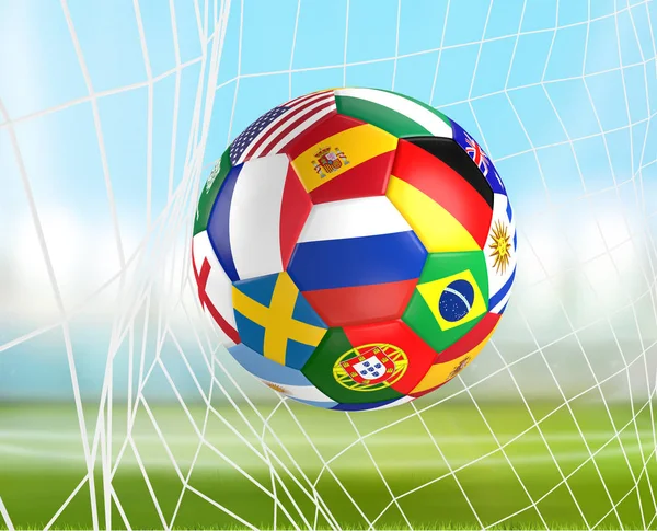 Banderas pelota de fútbol en la red de fútbol. socer gol 3d rendering — Foto de Stock