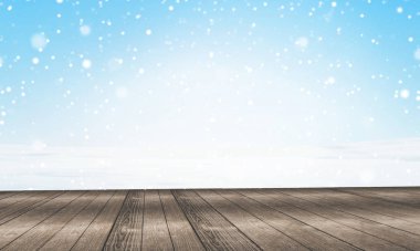 Kar taneleri ve ahşap zemin zeminli kış karları. 