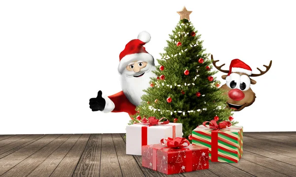 Санта Клаус і милий олень за деревом з різдвяним подарунком. — стокове фото