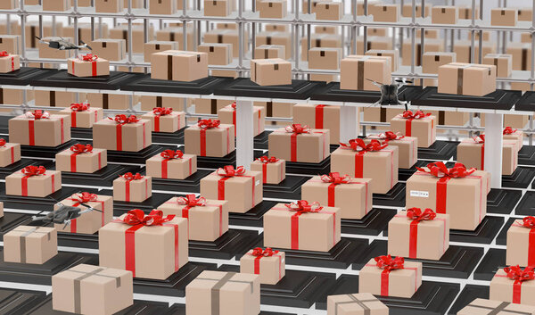 logistics center with wrapped gifts for Christmas 3d-illustratio