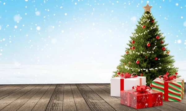 Weihnachtsbaum mit Geschenken auf Holzboden mit Schneeflocken und Stockbild