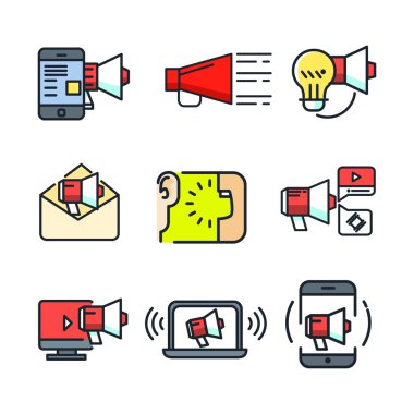 renkli megafon ve malzeme Icon set
