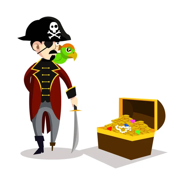 Piraat met parrot en schat borst — Stockvector