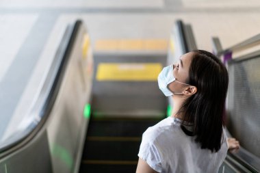 Kalabalık yerlerde dolaşırken COVID19 virüsünü ve PM2.5 kirliliğini korumak için hijyen koruyucu maske takan bir kadın. Kadın Asya ülkesindeki Corona virüsünü korumak için yüz maskesi kullanıyor. Hastalık.