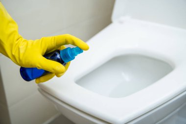 Kirli tuvaleti temizlerken temizlikçilerin elleri kauçuk koruyucu korulukta. Temizlikçi temizleme sıvısı solüsyonu, sifondaki deterjan. Temizlik hizmetçisi mesleği
