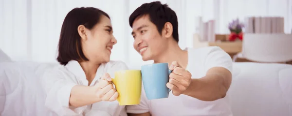 Croqué Dans Bannière Site Web Ration Beau Couple Asiatique Profite — Photo
