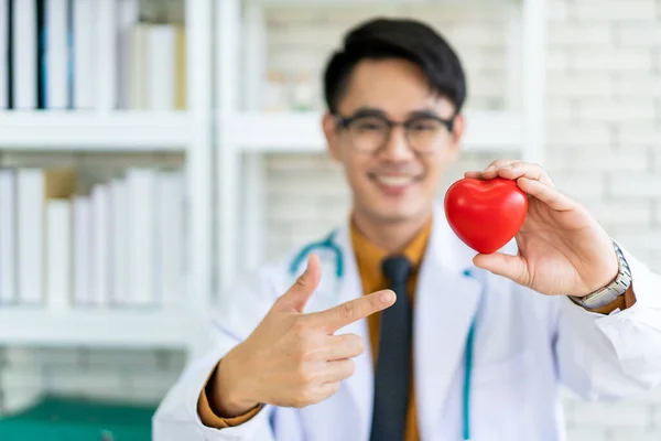 Happy Asian specialist doctor holding the red heart ball on his hands. Concept of health care and wellbeing in modern lifestyle. ECG and pulse diagnosis in hospital. The cardiology medical science.