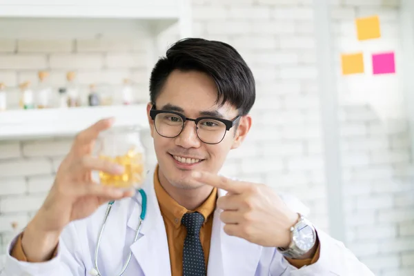 Happy Asian Young Man Doctor Representing Bottle Pill His Hand — Stock Photo, Image