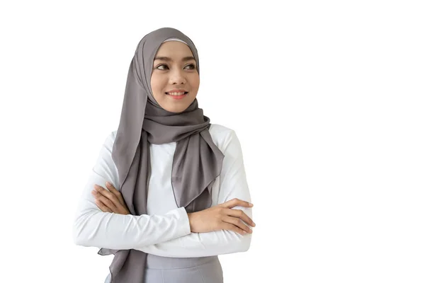 Isolert Med Klippebane Smarte Kjekke Asiatiske Etnisitet Muslimske Forretningskvinneportrett Mangfold – stockfoto