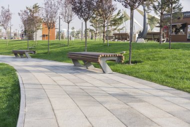 Şehir parkındaki ahşap bir bankın yakınında. Yürüyüş sırasında dinlenin. Temizlik, temizlik ve doğa için bakım..