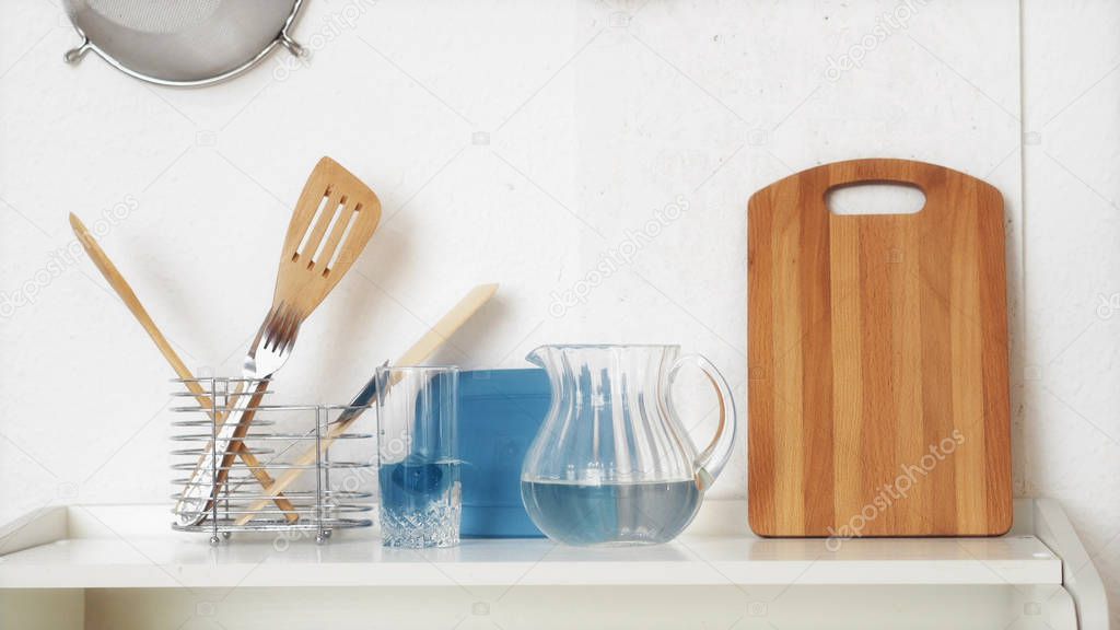 Pasta in glass jar on the kitchen background